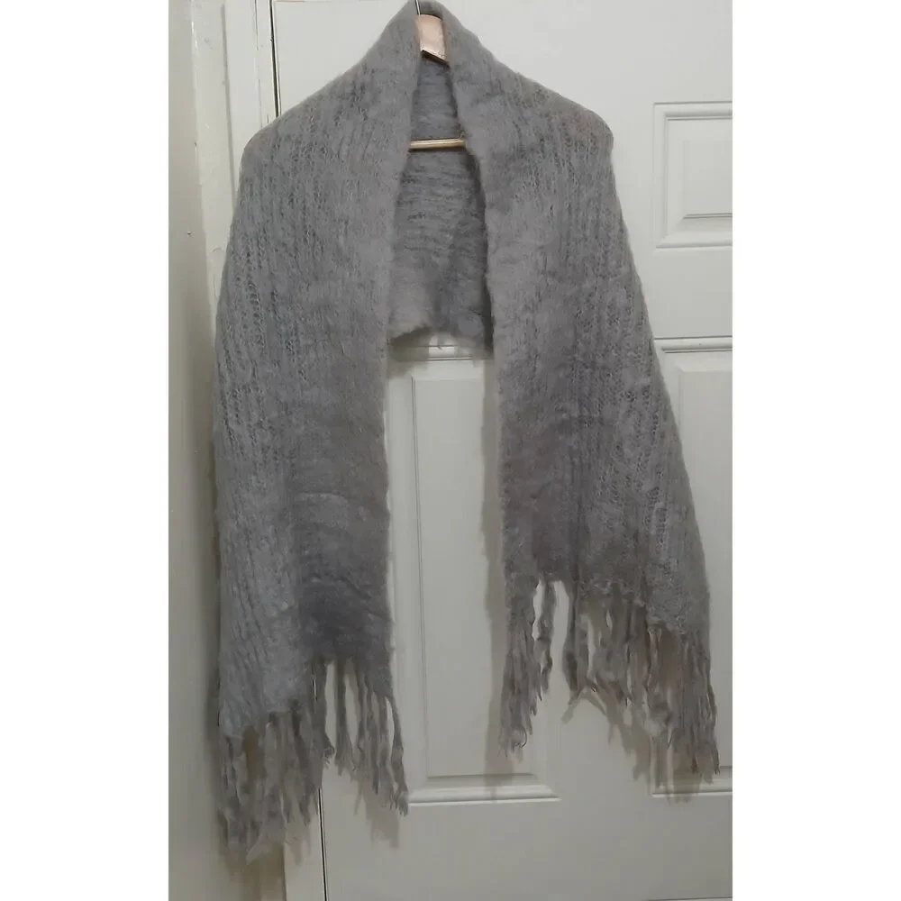Hinterveld womens chunky soft kid mohair wool fuzzy long gray scarf